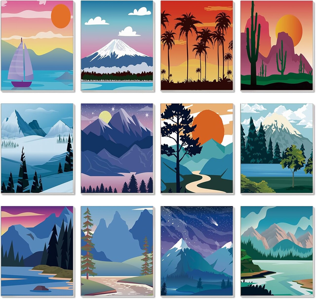 12-Piece Pre Drawn Canvas Painting Set – 8 x 8 Inch Pre Printed Canvases for Adults & Kids, Jungle, Sea, Christmas, and Landscape Themes, DIY Art Party Favor (Clear)